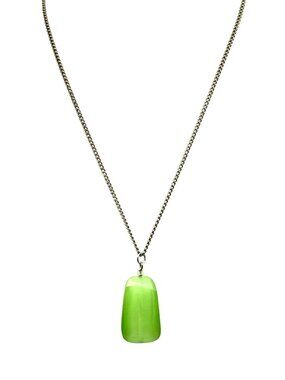 Chunky Green Cats Eye Pendant, Vintage Necklace on Silver Tone Chain